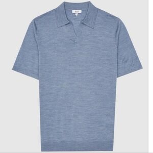 REISS Open Collar Duchie Merino Wool Short Sleeve Polo Shirt Quiet Luxury Blue L